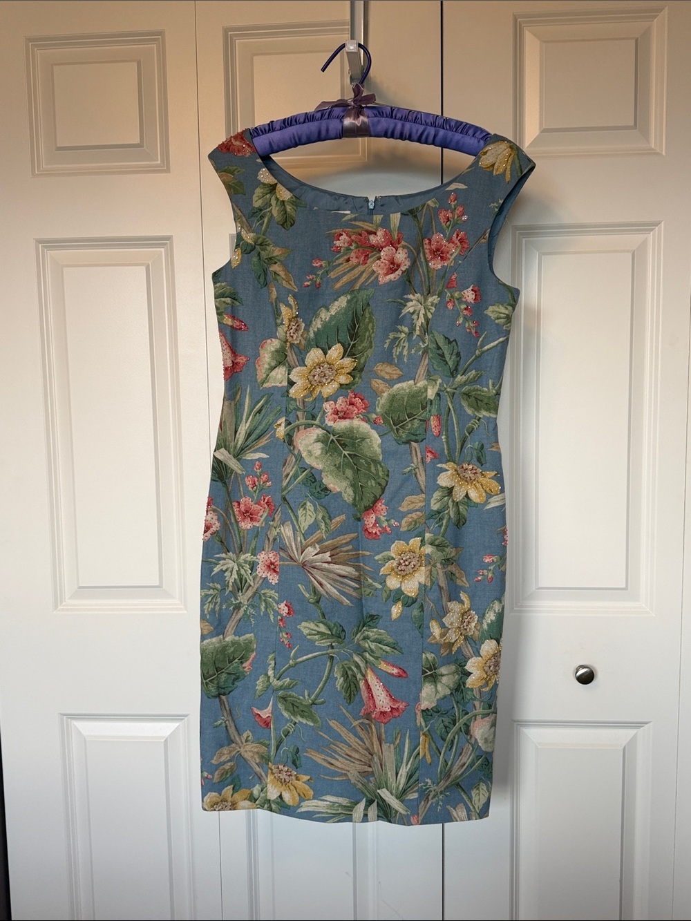 NWOT Floral Sheath Dress in Blue with Tropical Print With Bead Embellishment